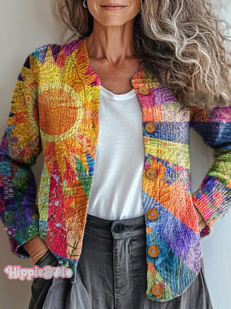 Vintage Colorful Collage Print Buttoned Cardigan Sweater Multicolor / S