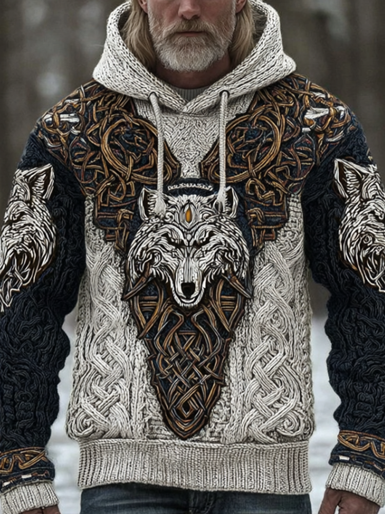 Men's Hooded Thick Sweater With Viking Style Tribal Totem And Wolf Totem Patterns