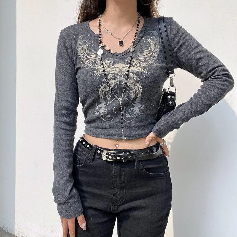 Brownm Grunge Butterfly Crop Top