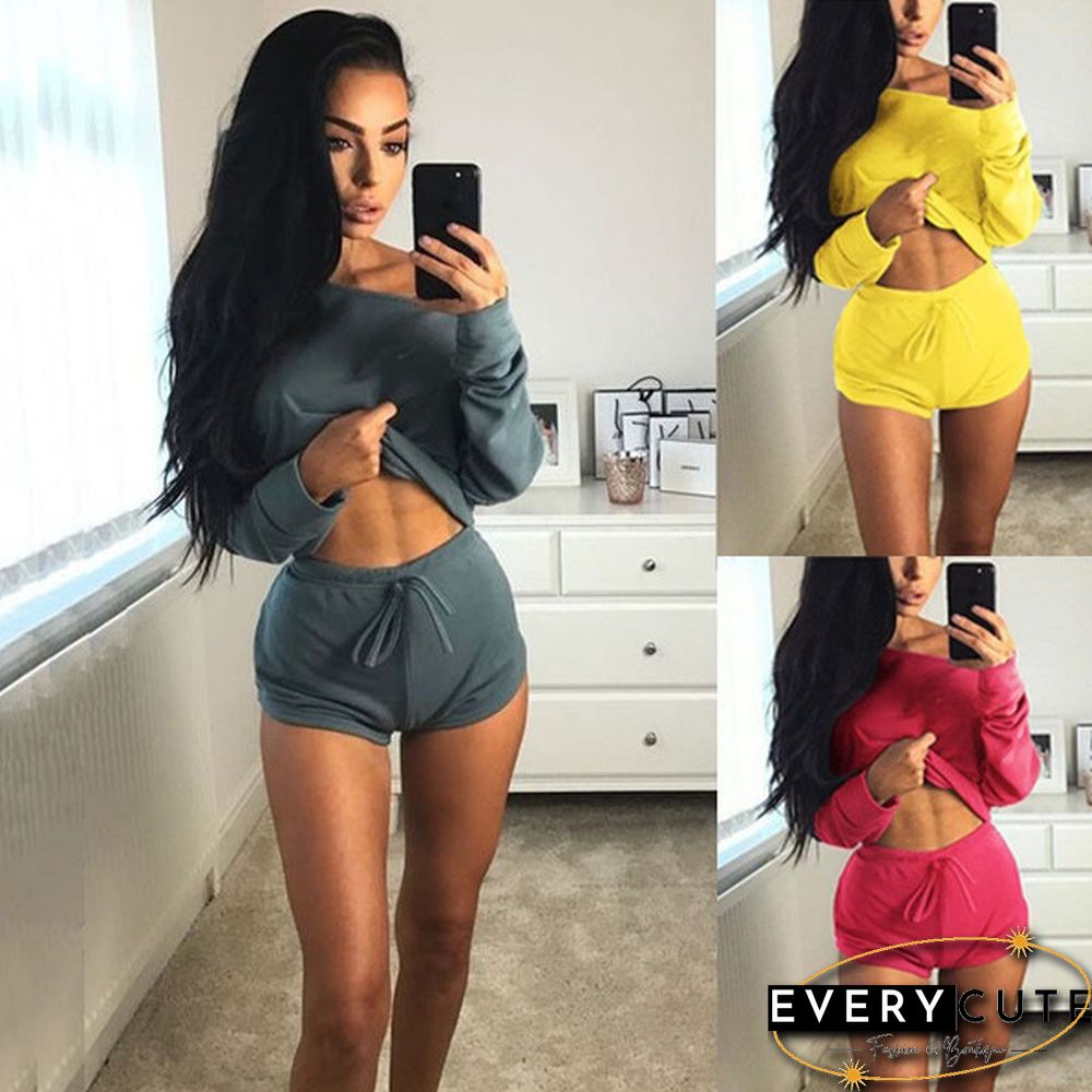 Summer Women Two-Piece Sports Crop Top Shorts Clothes Outfits
