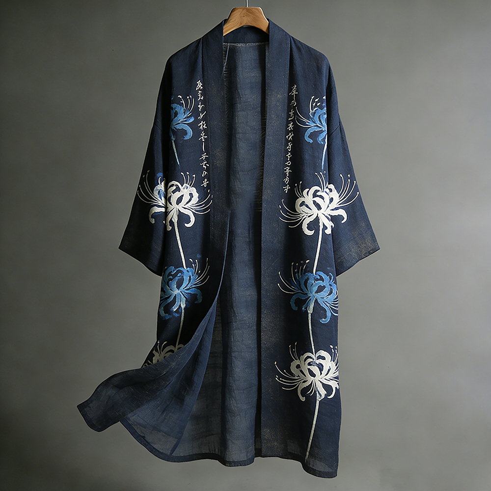 Japanese Vintage Higanbana Flowing Linen Long Kimono elevenforest