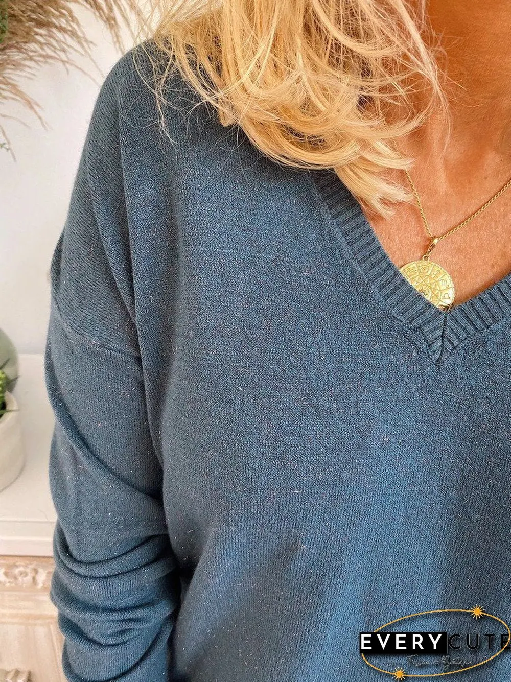 Solid Long Sleeve V Neck Casual Sweater