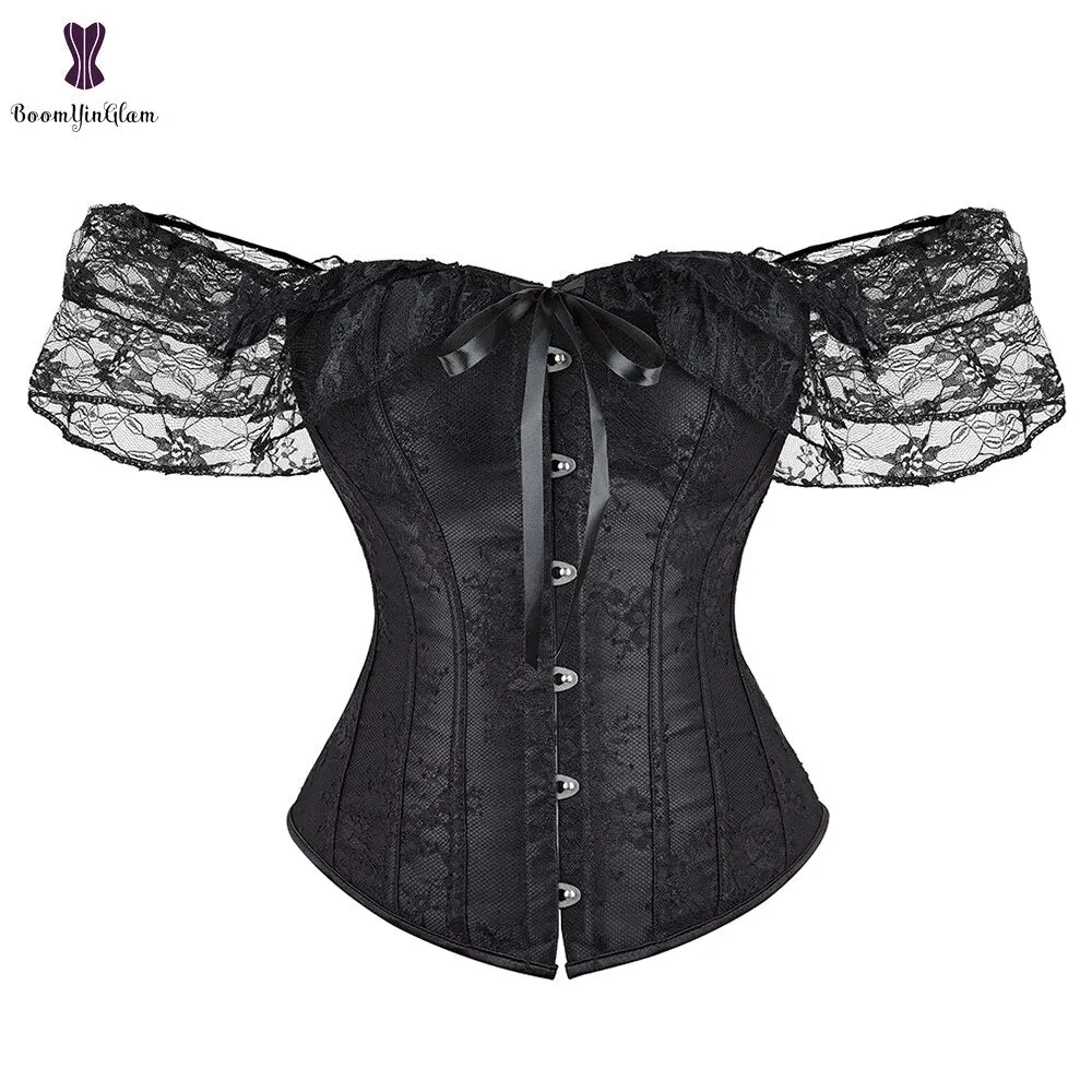 Women Short Sleeve Corset White Black Waist Bustier Tops Overbust Korset
