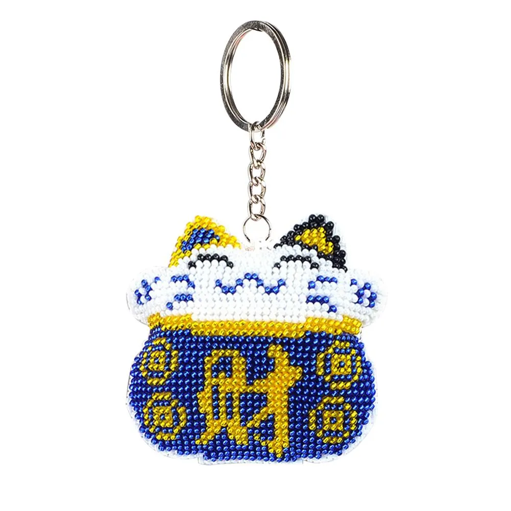 Stamped Beads Cross Stitch Keychain - Blue Fortune Cat