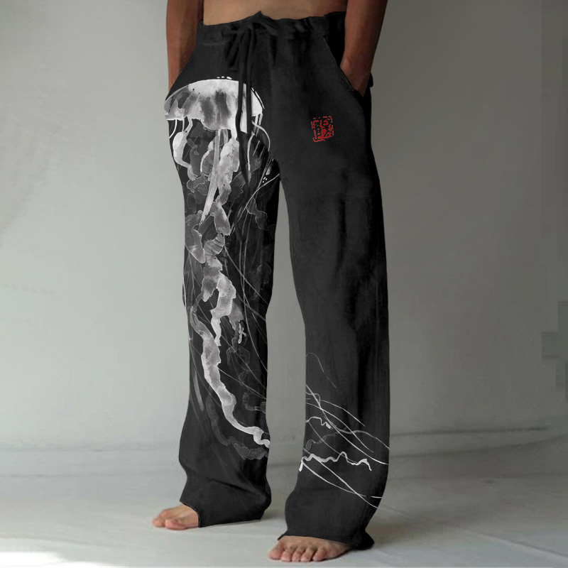 Japanese Art Jellyfish Print Casual Linen Blend Pants  artssus