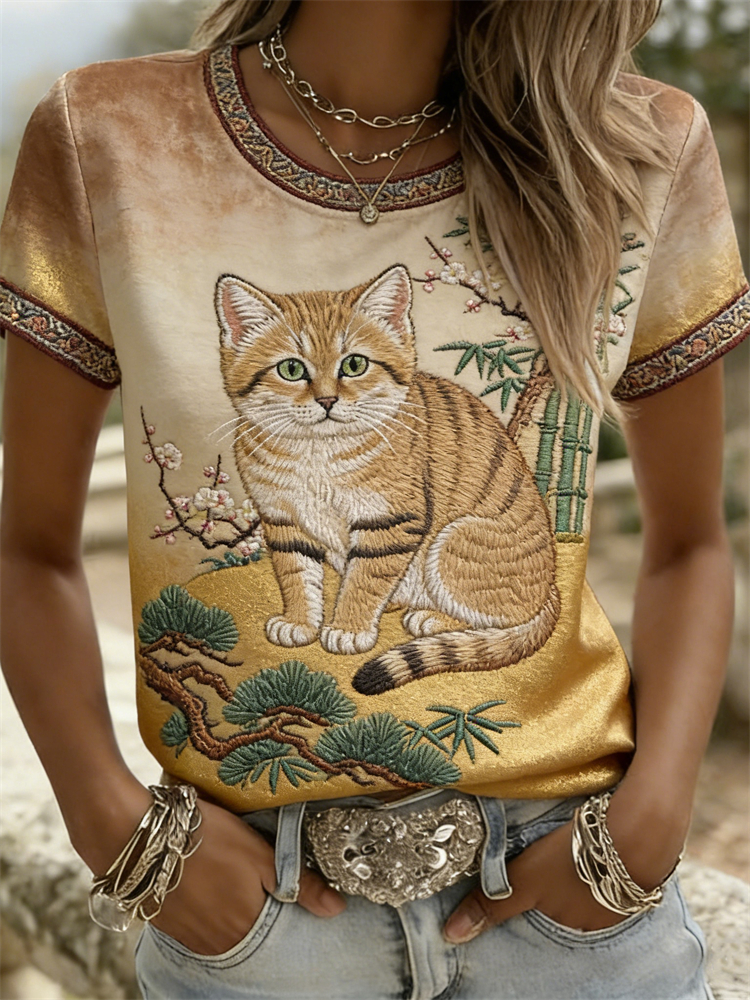 Comstylish Fuzzy Cat Pine Trees Forest Japanese Art T Shirt