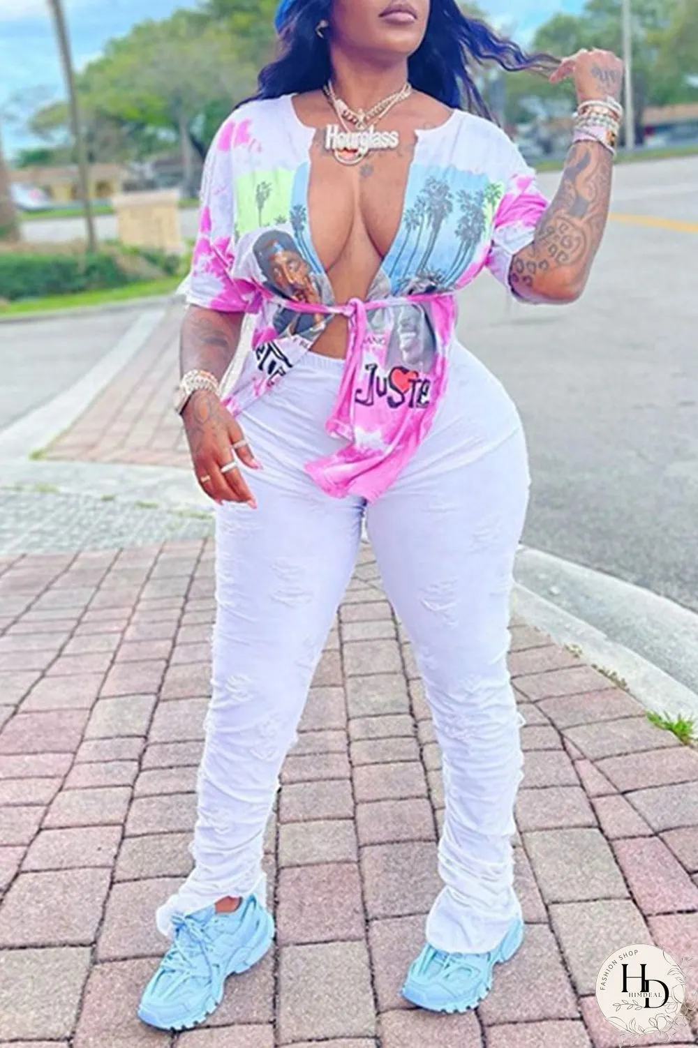 White Sexy Street Print Bandage Patchwork Asymmetrical T-Shirts