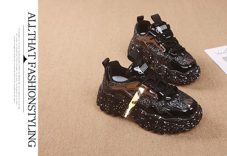 Fashion Women Shoes Dad Chunky Sneakers Women Luxury Comfortable Glossy Thick Sole Ladies Platform Wave Bottom Trainers Female