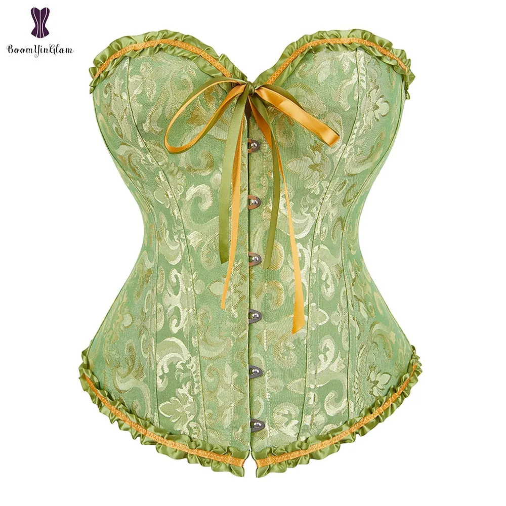 Green Apricot Red Pink Steampunk Korset Women Lingeries Dance Wearing Costumes Floral Lace Boned Corsets And Bustiers #810