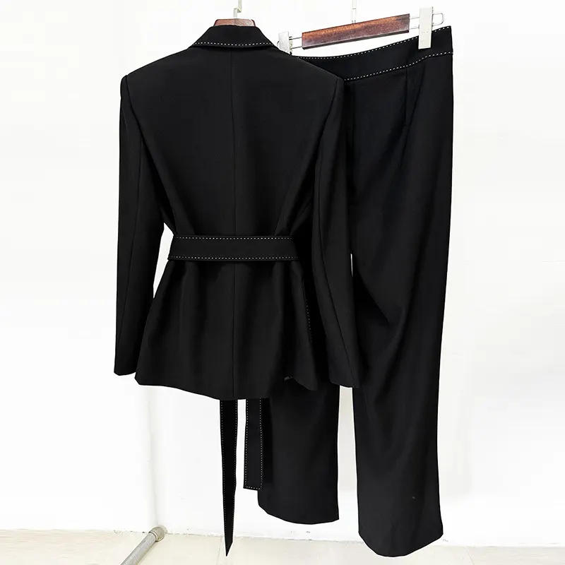Nigikala Nigikala New Star Fashion Beads Edge Trim Belt Suit Trousers Set Two-Piece Set