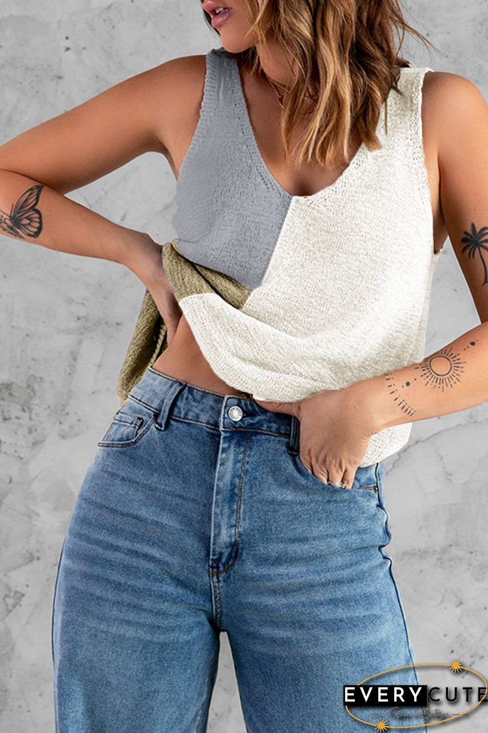White Color Block Knitted Tank Top