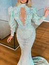 Lace Puff Sleeves Round-Neck Evening Maxi Dress