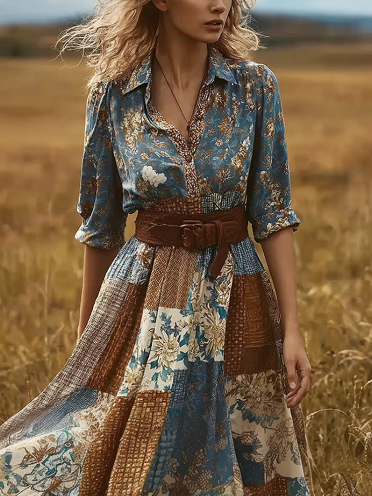 Retro Patchwork Plant Flower Design Women's Dress elevenforest