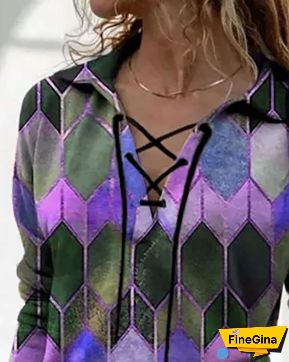 Geo Print Colorblock Lace Up T-shirt P12095