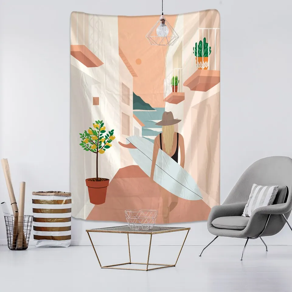 INS Surfing Girl Wall Tapestry Personality Lady Fabric Hanging Cloth for Home Decoration Living Room Curtain Bohemian Tapestry