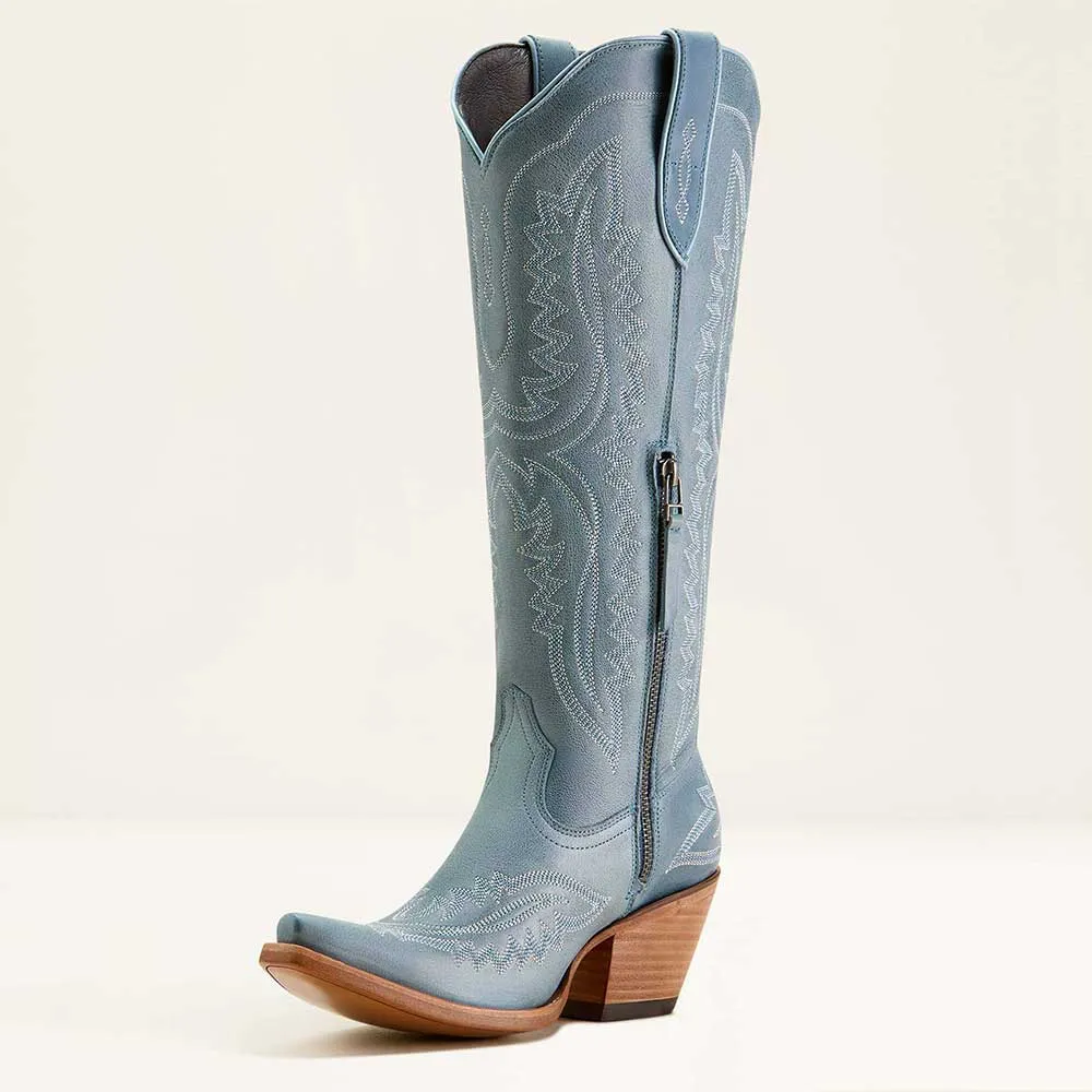 Women's Blue Embroidered Knee High Cowgirl Boots with Side Zipper