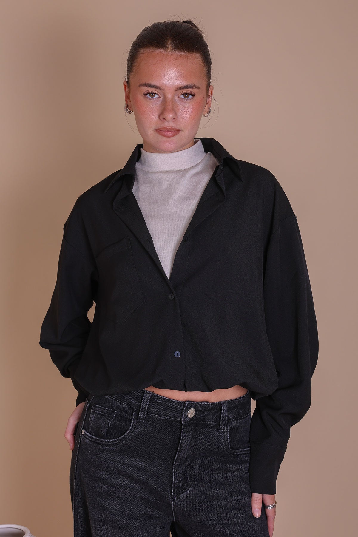 Black Beige Bubble Hem Layered Shirt