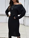 Off-The-Shoulder Long Sleeve Loose Solid Color Belted Knitting Midi Dress