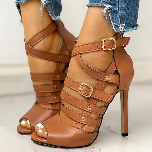 Solid Hollow Out Ankle Strap Thin Heeled Sandals