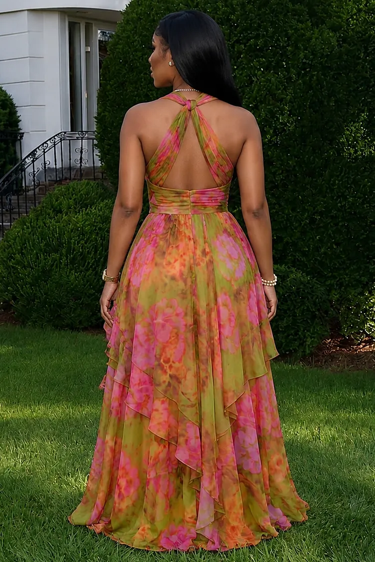 Halter Backless Knotted Floral Gowns Maxi Dresses-Multicolor [Pre Order]