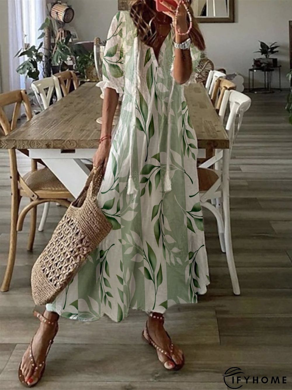 V Neck Leaves Half Sleeve Casual Dress | IFYHOME