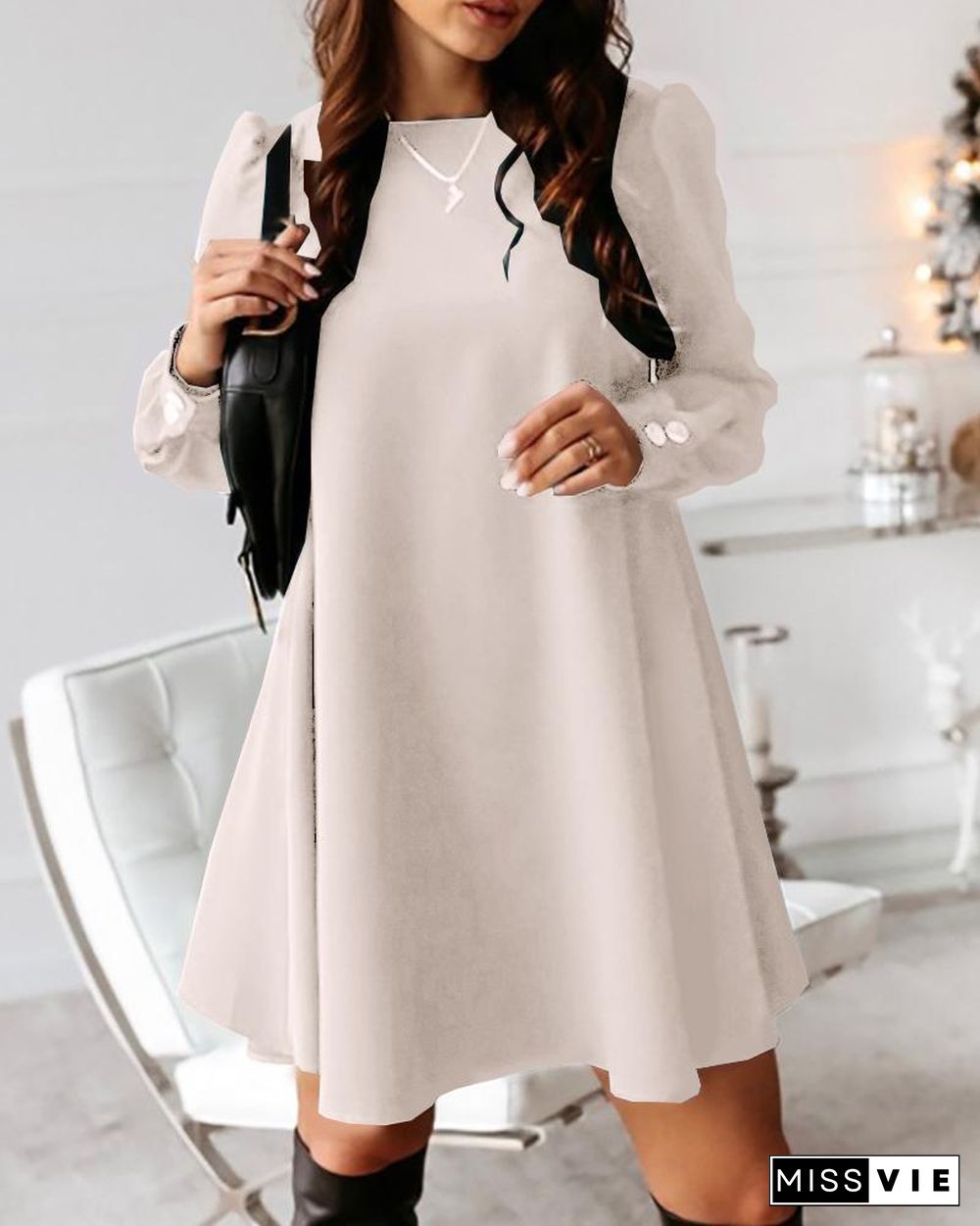 Solid Button Design Casual Mini Dress P14925