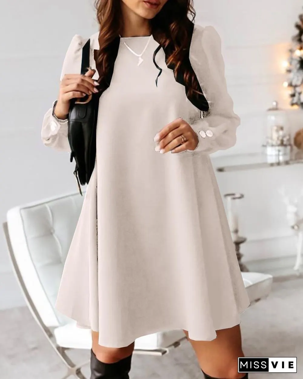 Solid Button Design Casual Mini Dress P14925