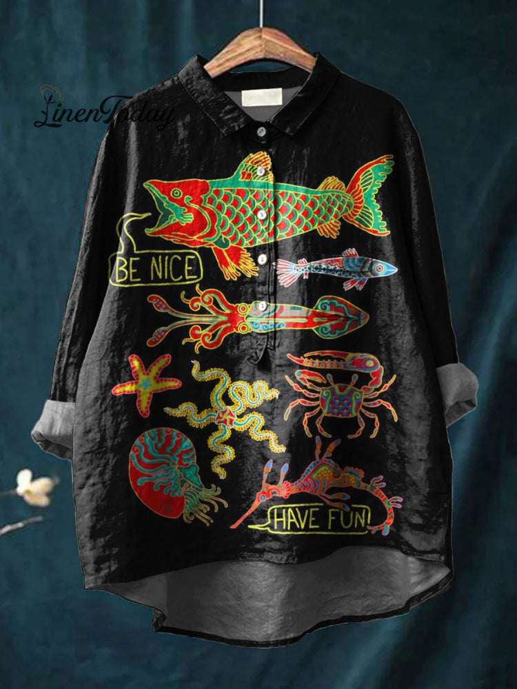 Vintage Lovely Fish Art Print Casual Cotton And Linen Shirt Multicolor / S