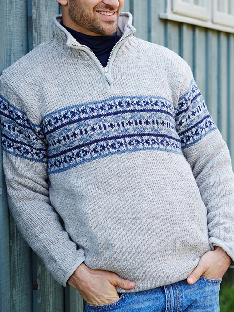Vintage Warmth Oatmeal Knit Jacquard Icelandic Half Zip Collar Sweater（Unisex ）