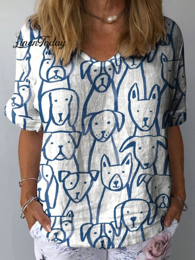 Women&rsquo;s Dog Art Print Casual Cotton And Linen Shirt Multicolor / S