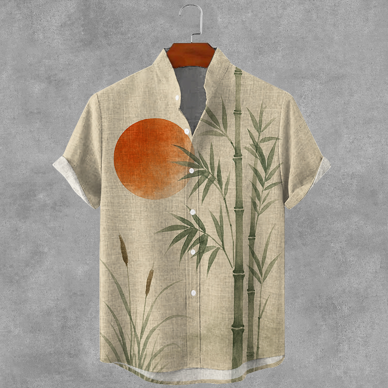 Men's Japanese Art Bamboo And Sunset Print Casual Short Sleeve Shirt  artssus