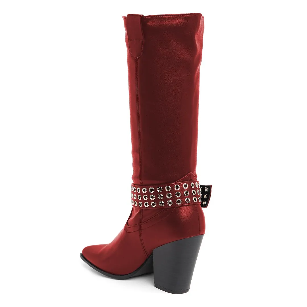 Women's Buckled High Heel Maroon Cowgirl Boots with Grommets