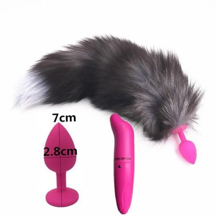 15  Dark Fox Tail with Pink Silicone Princess-type Plug and Extra Vibrator