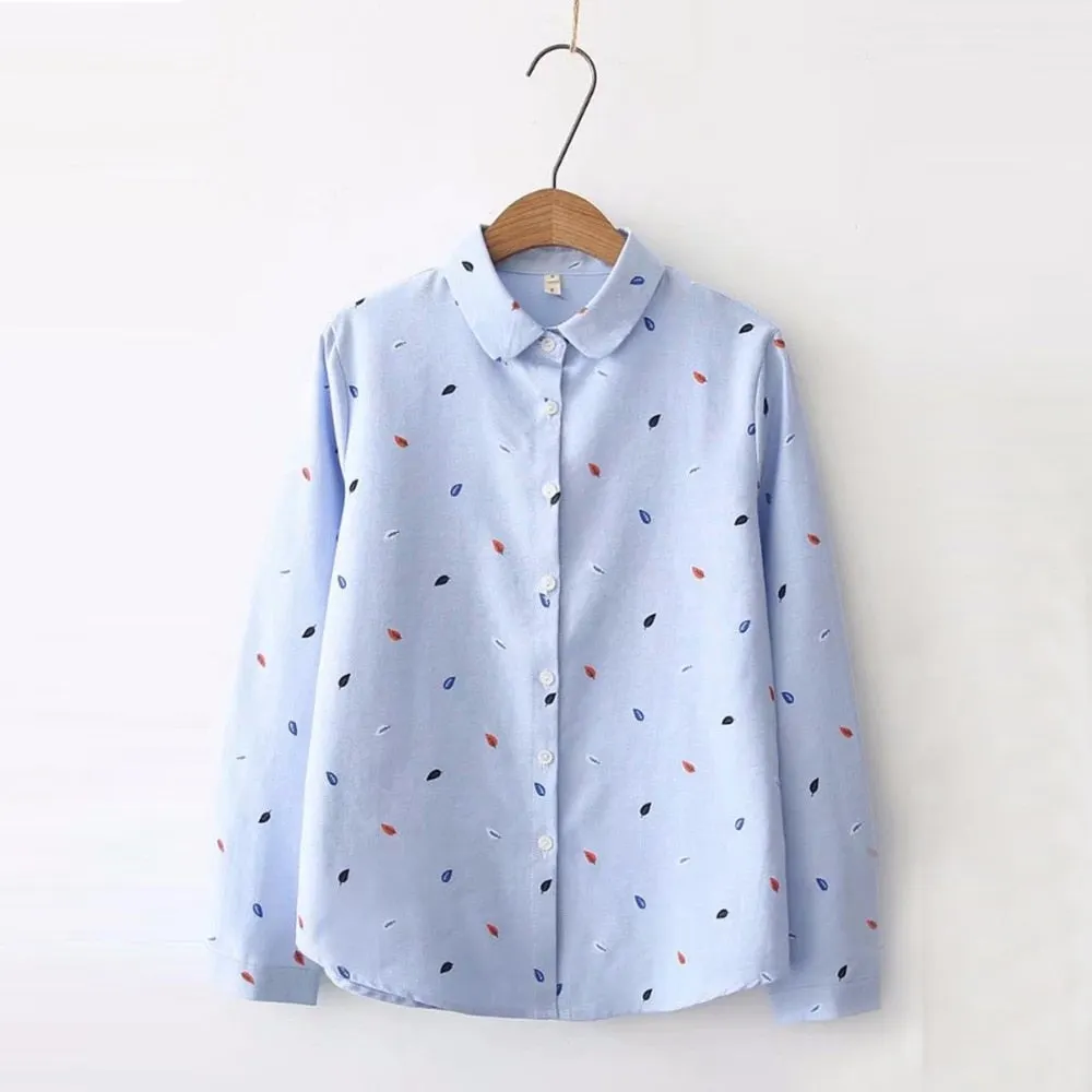 2019 New White Cotton Leaf Print Blouse Female Casual Long Sleeve Top Turn Down Collar Feminina Plus Size Blusas Girls Shirt F