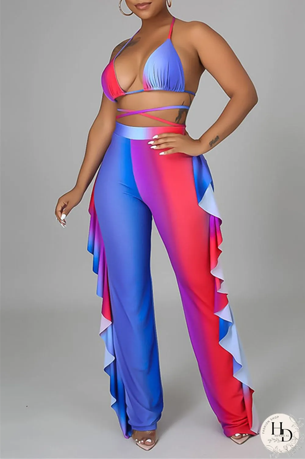 Yellow Fashion Sexy Print Backless Strap Design Halter Sleeveless Three-piece Set