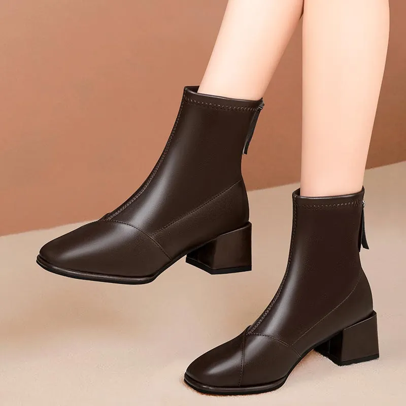 Churchf Autumn And Winter New Korean Fashion Short Boots Women's Thick Head With High Heel Zipper Martin Boots Women
