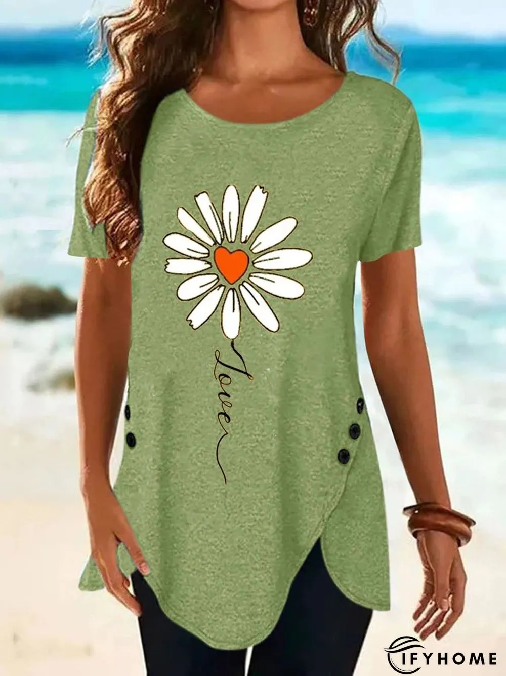 Women Casual Short Sleeve Floral Tulip Vacation Tunic Shirt Round Neck Asymmetrical Hem Button Side blouse Top | IFYHOME