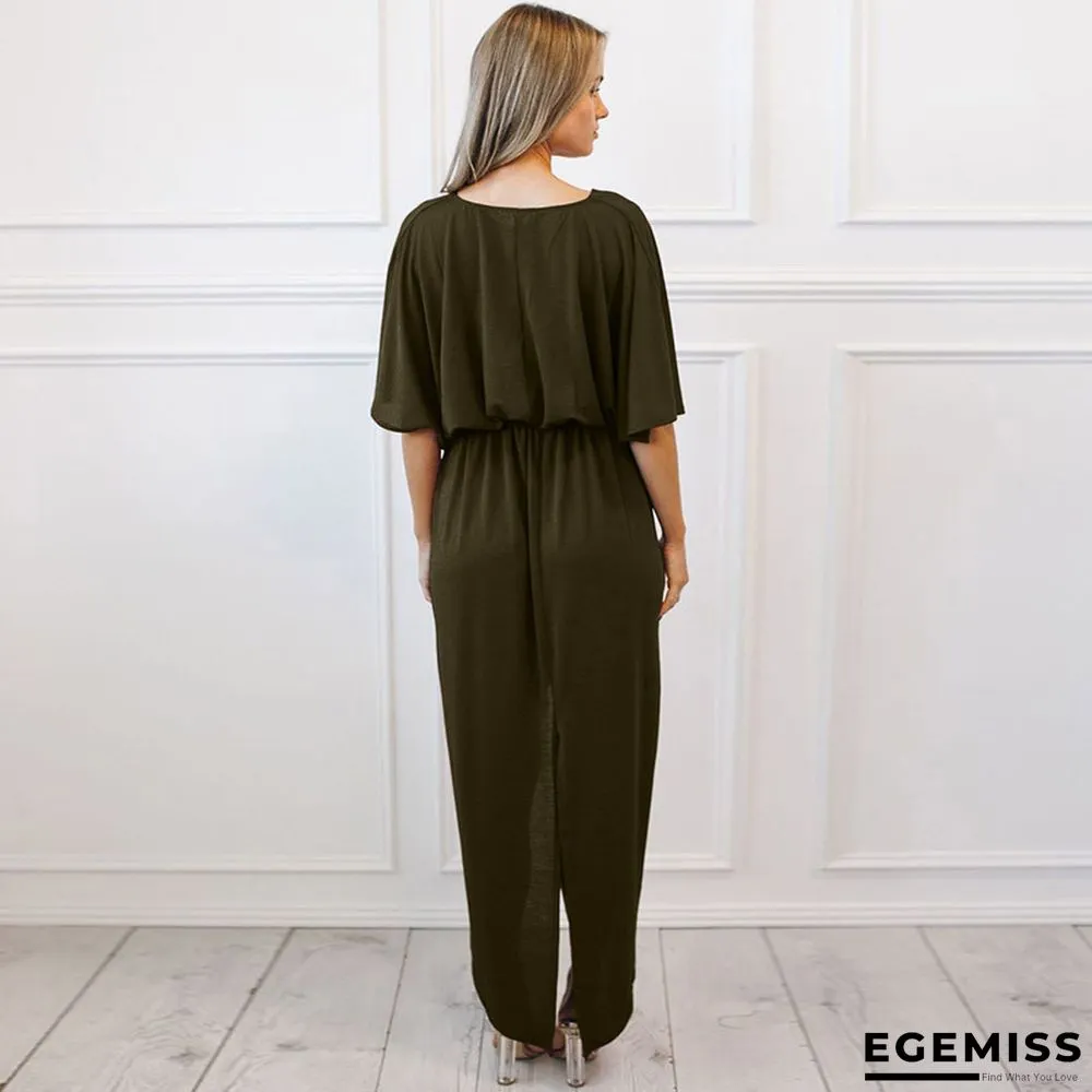 Long V-neck Bat Sleeve Split Dress with Loose Belt Black Dresses | EGEMISS