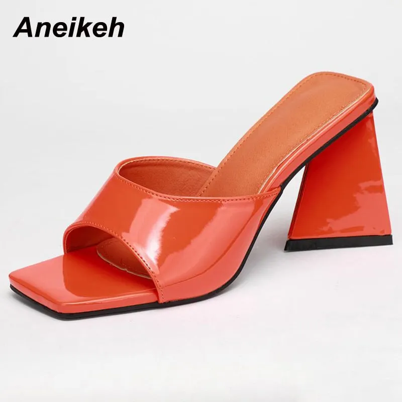 Aneikeh 2022 Summer New Fashion Concise Solid PU Shallow Mid Heel Slippers Women Lazy Slip On Beach Mules Square Open Toe 35-42