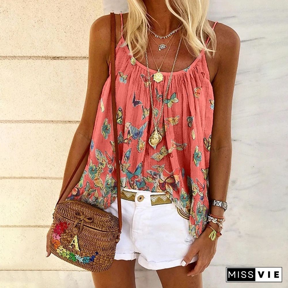 Women's Fashion Summer Casual Loose Butterfly Print Vest Plus Size