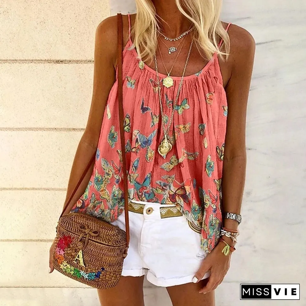 Women's Fashion Summer Casual Loose Butterfly Print Vest Plus Size