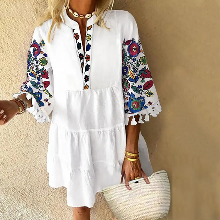 Floral Print Tassel Design Casual Dress