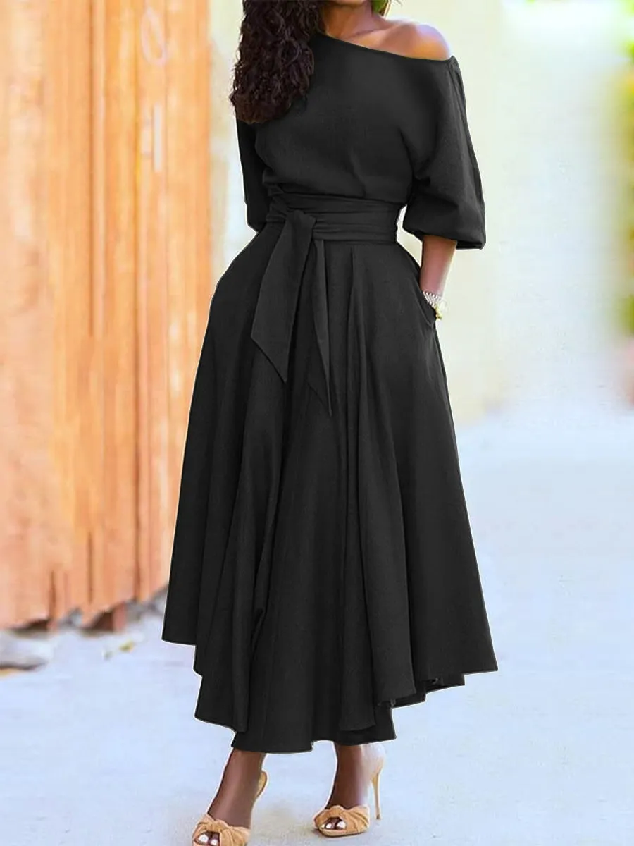 Brownm Collar Lace-up Waist-controlled Temperament Pure Color Dresses