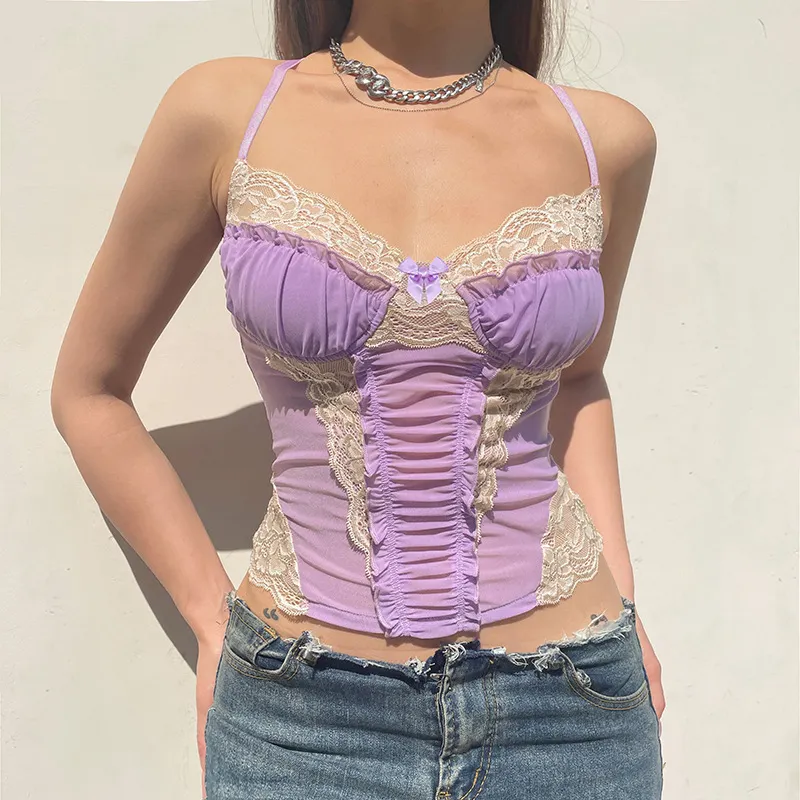 Churchf Churchf Wind Sexy Perspective Condole Belt Vest Female 2024 Summer Lace Stitching Mesh Spicy Girl New Style