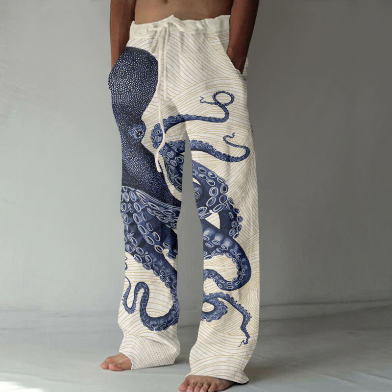 Japanese Art Octopus Waves Printed Pants  artssus