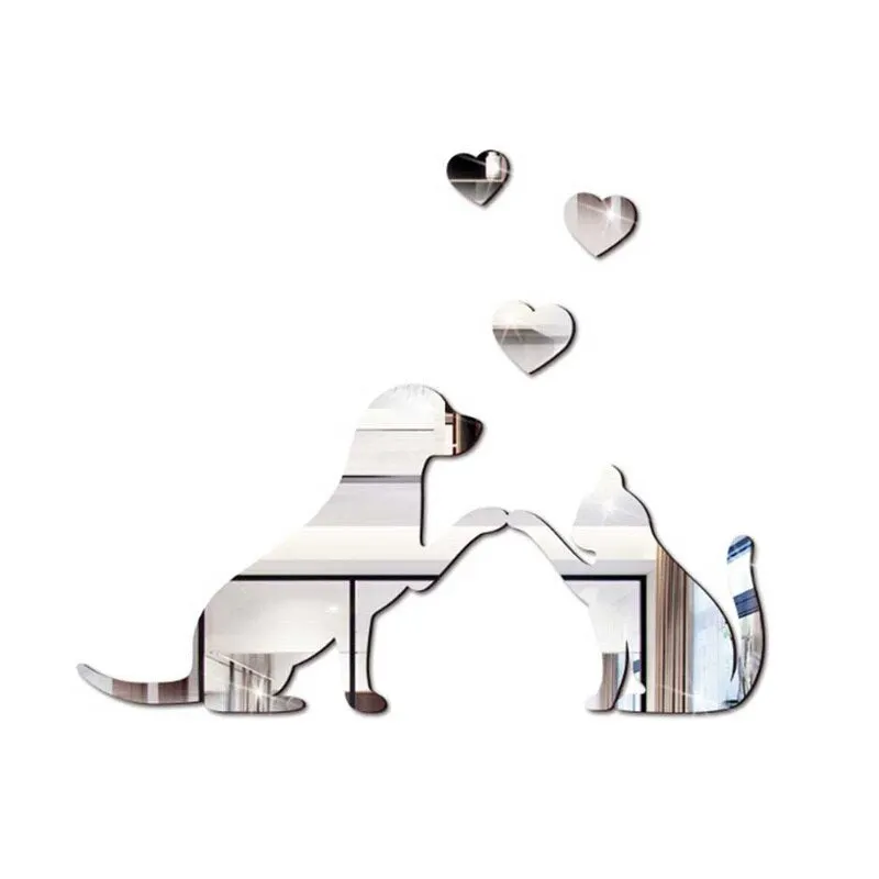 1set Cat and Dog Mirror Acrylic DIY Combination Home Decor Wall Sticker Mirrored Acrylic Sheet Self-adhesive Waterproof