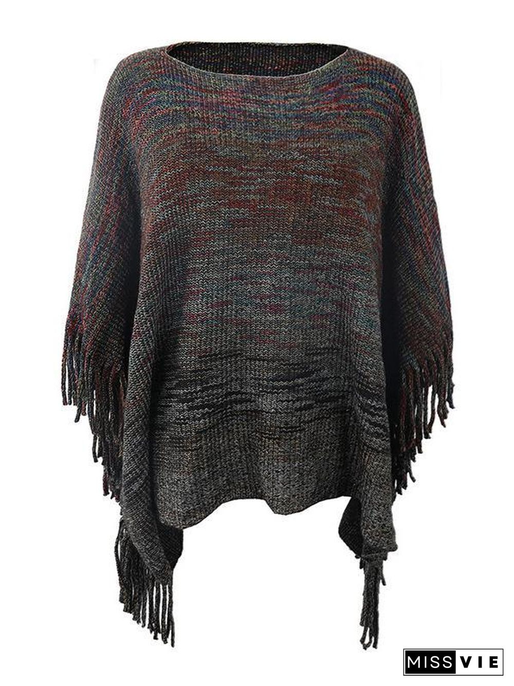 Women's Scoop Neck 3/4 Sleeve Knit Shawl Fringed Hem Striped Sweater Top