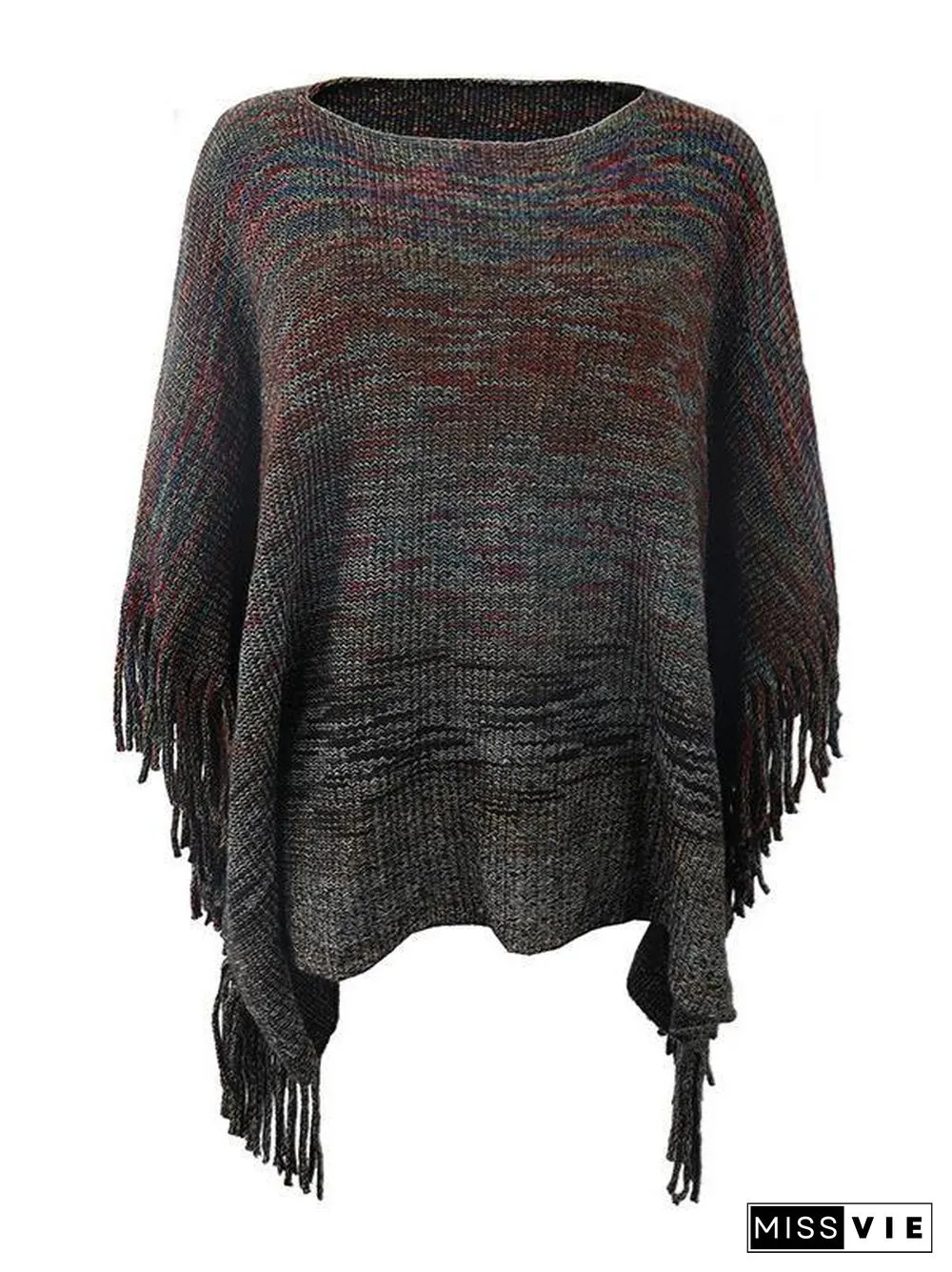 Women's Scoop Neck 3/4 Sleeve Knit Shawl Fringed Hem Striped Sweater Top