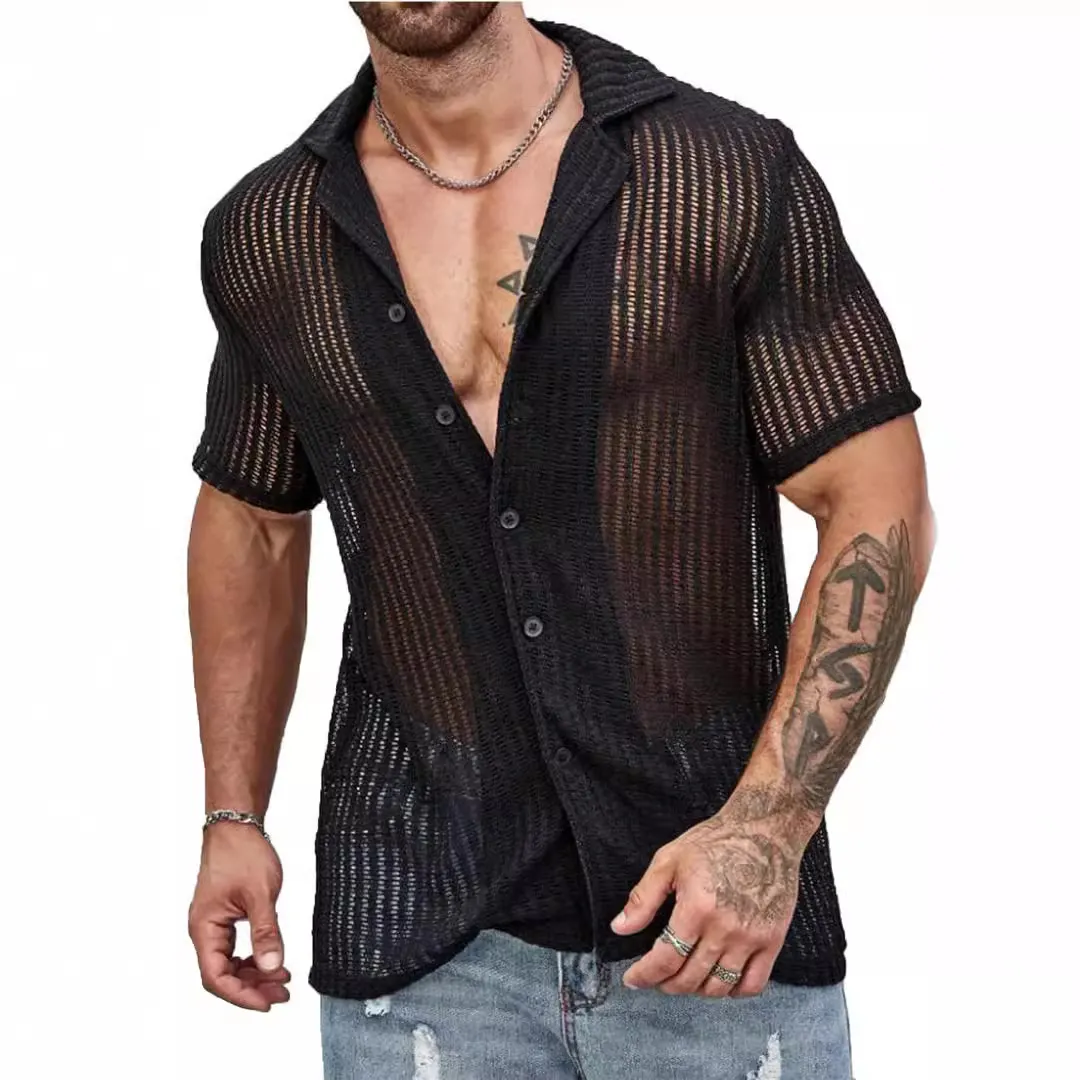 Brownm Brownm Men's Summer Cool Shirt Men's Casual Knit Hollow Out Breathable Short Sleeved Lapel Fashion Men's Wear
