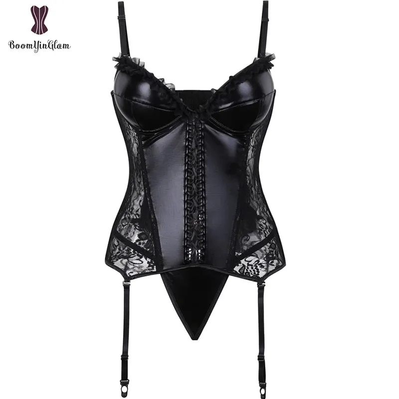 Black Shinny Women's Steampunk Gothic Lace Corset  Faux Leather Bra Bustier Lingerie Plus Size S-XXXXXXL